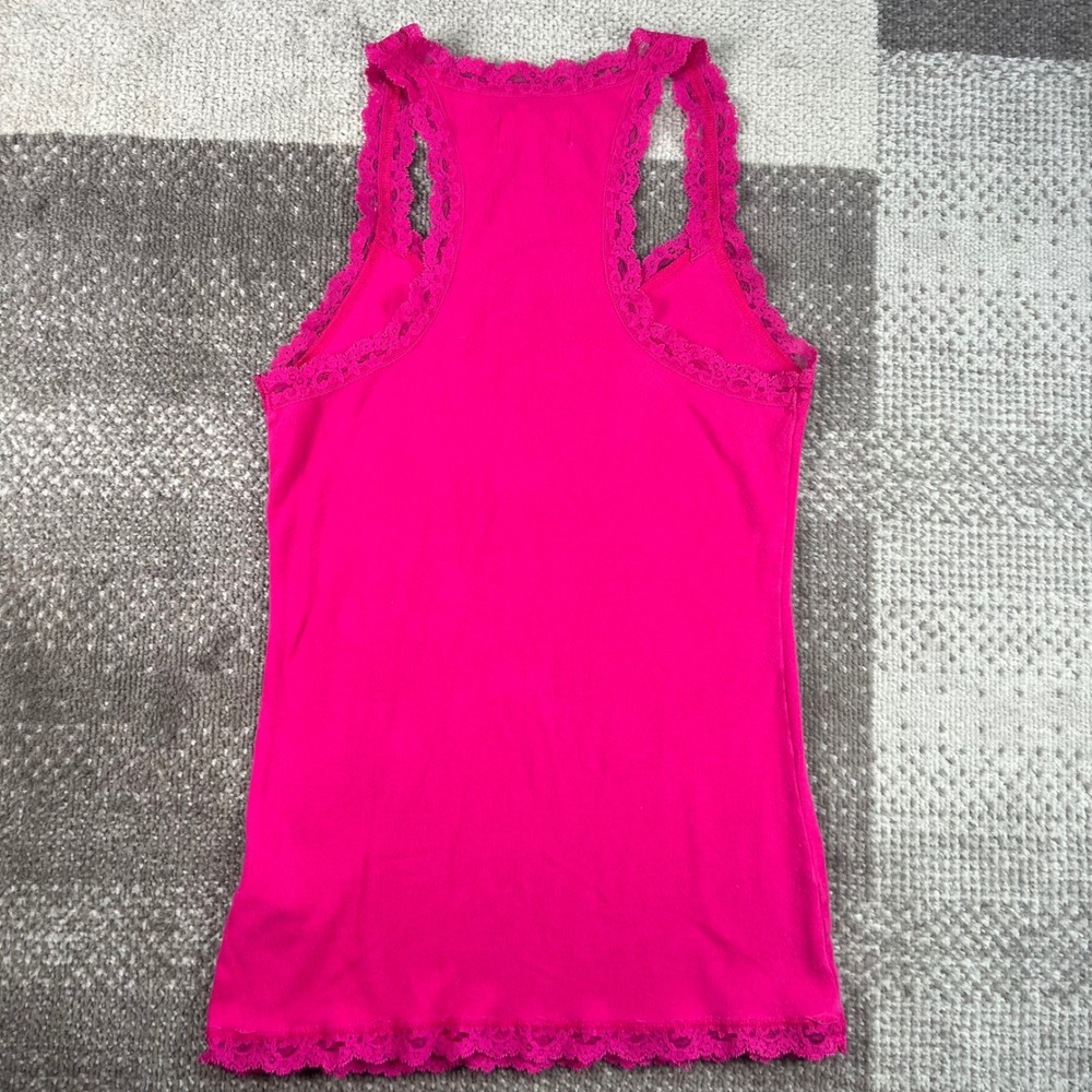 Y2K Hollister Womens Hot Pink Lace Trim Racerback Tank Top Size L Ribbed - Picture 4 of 6